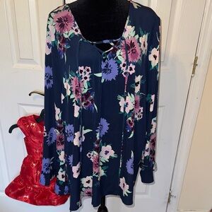 Style & Co. Navy Floral Blouse with Purple and Pink Accents